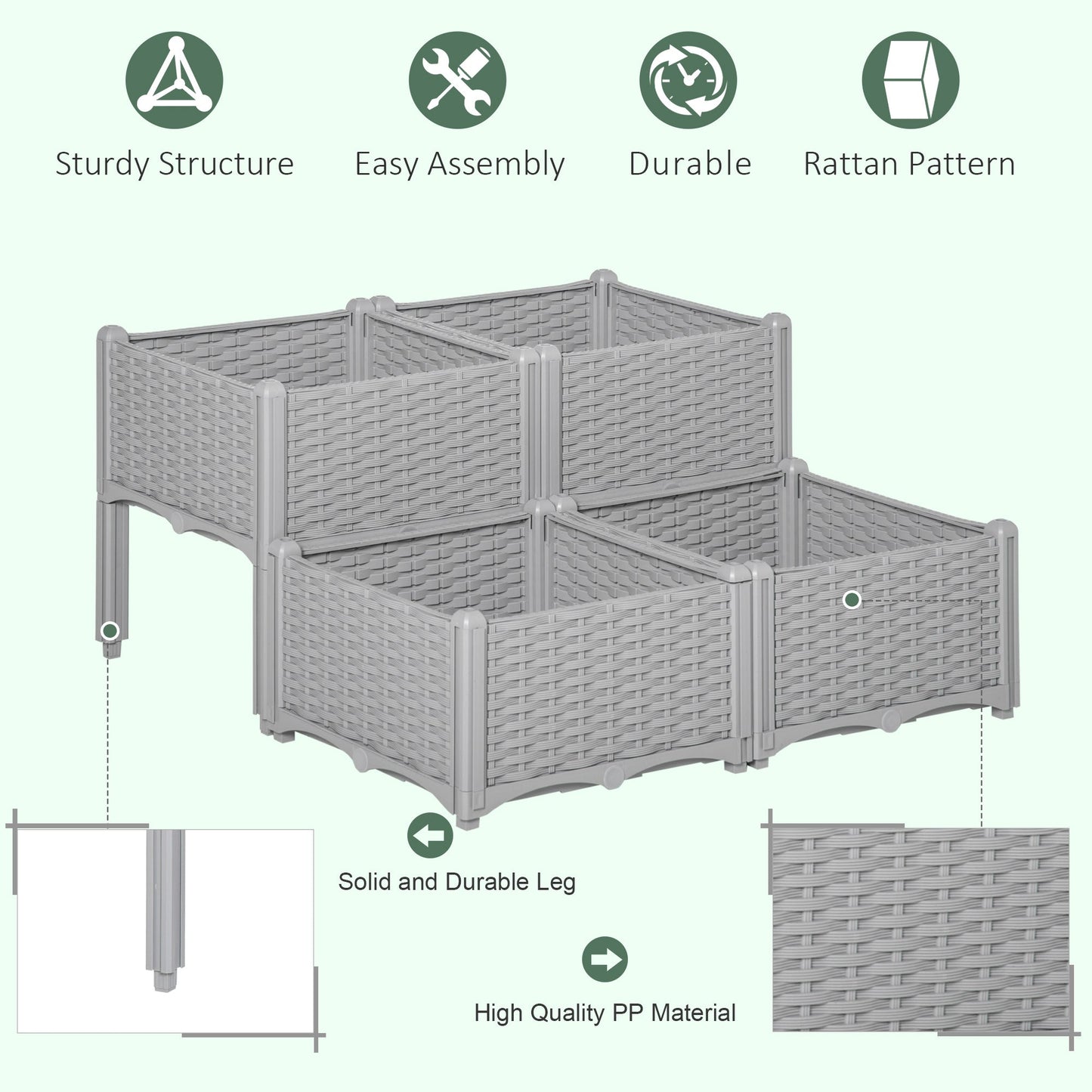 Set of 4 Raised Garden Beds with Self-Watering Planters - Grey-3