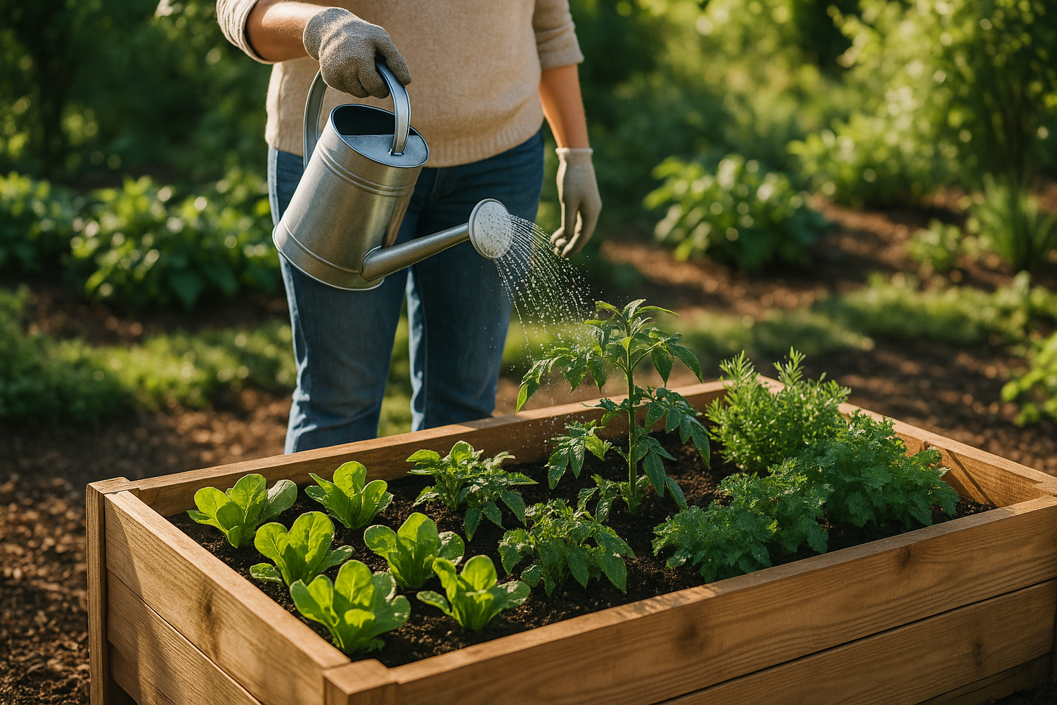 Watering a raised garden bed