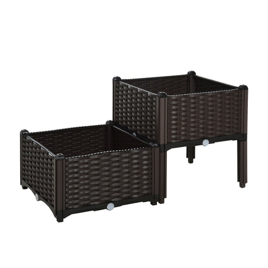 Set of 2 Raised Garden Beds with Self-Watering Planters - Brown-0